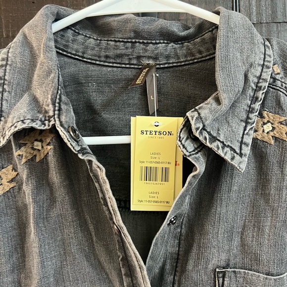 NWT Stetson EMBROIDERED SNAP FRONT SHIRT DRESS Gray Tan Brown Size Large Western - Picture 9 of 9